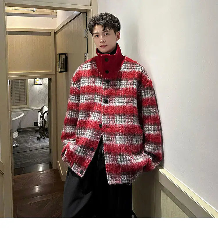 men turtleneck trendy brand fashion stripe christmas woolen bomber jacket women oversize plaid top coat outerwear unique default style 1157