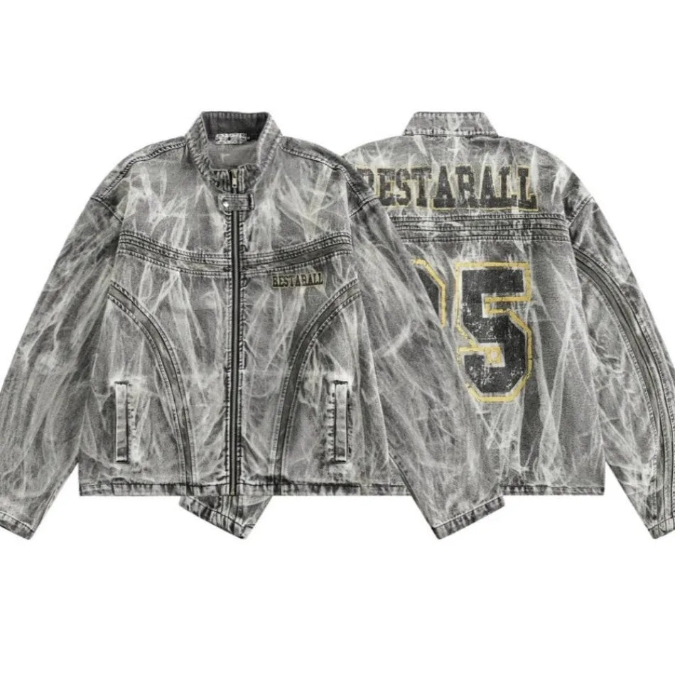 autumn high street washed denim jacket mens vintage graffiti printing stand collar motorcycle coats patchwork punk cowboy tops unique jeans style 3571