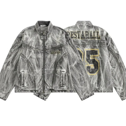 autumn high street washed denim jacket mens vintage graffiti printing stand collar motorcycle coats patchwork punk cowboy tops unique jeans style 3571