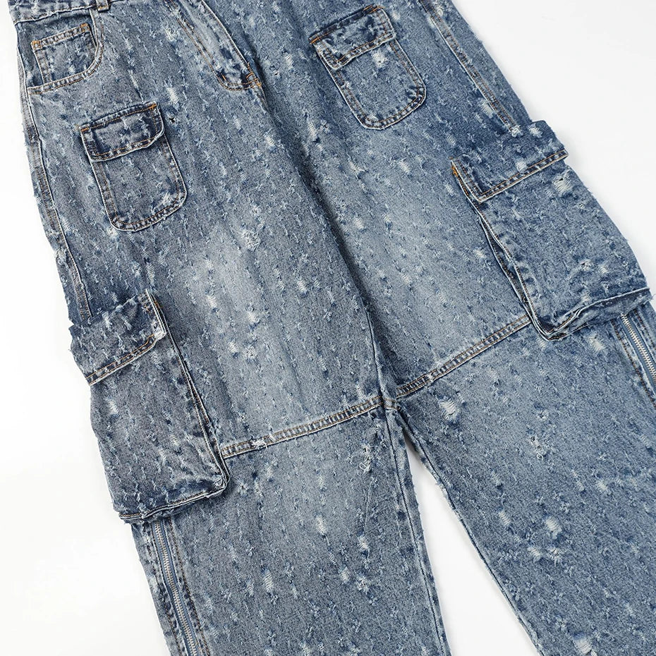 distressed ripped vintage blue baggy jeans men multi pocket cargo jeans casual loose denim pants streetwear harajuku jeans military streetwear pants
