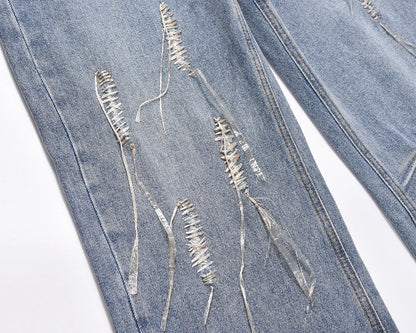 string lace up frayed washed pantalones hombre baggy blue jeans for men y2k streetwear washed casual denim trousers oversized unique jeans style 3236