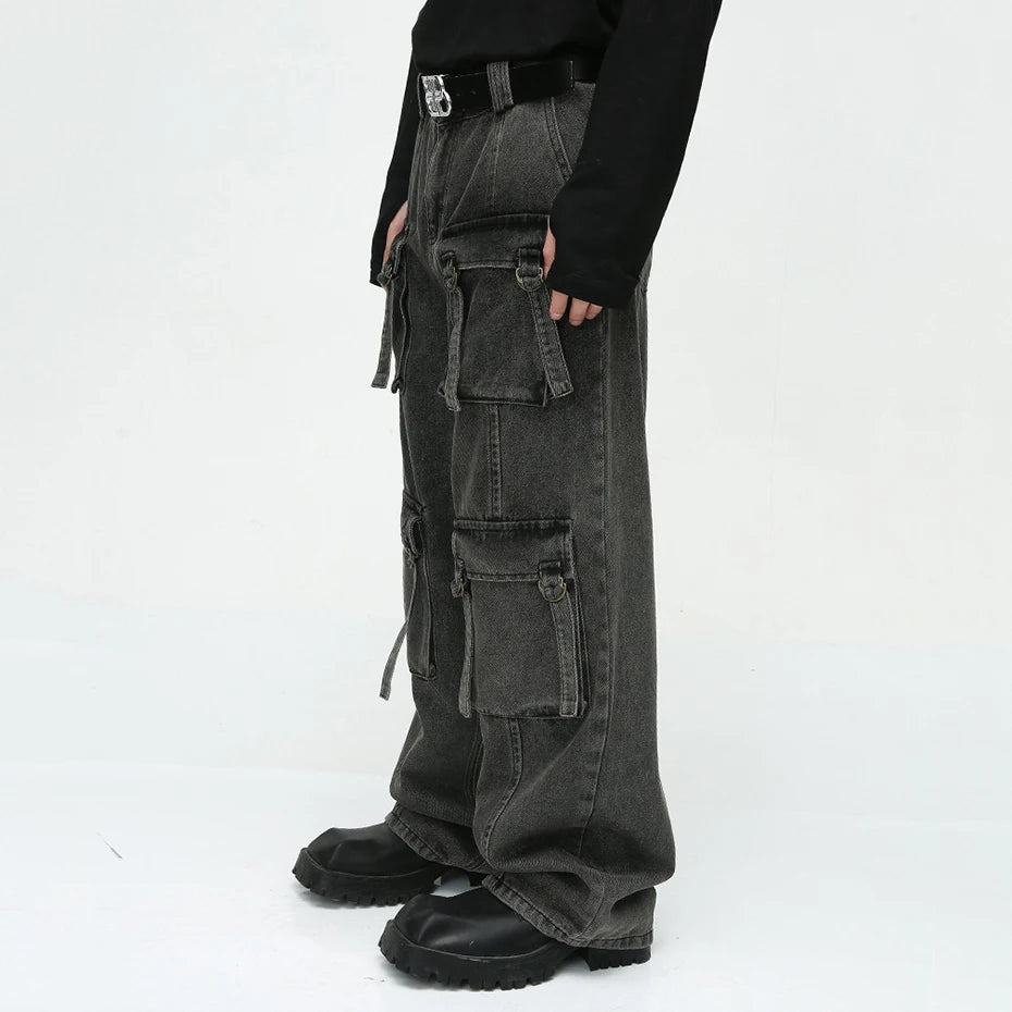multi pocket cargo jeans men korean fashion loose straight denim pants combat utility trousers