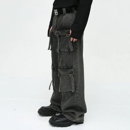 multi pocket cargo jeans men korean fashion loose straight denim pants combat utility trousers