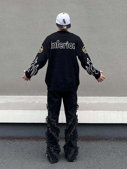 Hip Hop Knitted Sweater Men Letter Fire Pattern O-neck Pullover Streetwear Casual Loose Sweater Unisex Harajuku Jumpers Knitwear Street King Limited