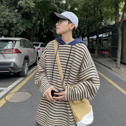 Y2K Striped hooded sweater for men and women autumn and winter American retro trend couple lazy loose and casual knitted top Street King Limited