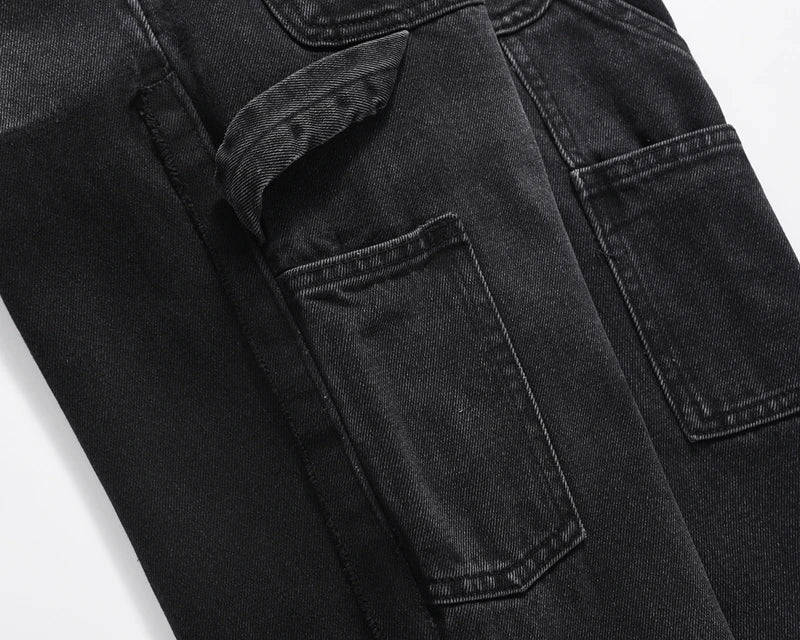 high street patchwork ripped black jeans pants for men straight retro casual sashes pockets denim trousers oversized loose jean unique jeans style 2830