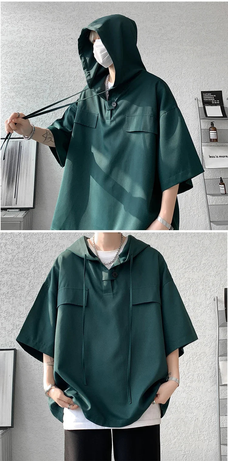 5 Colors Summer Hooded T shirt Men Korean Half Sleeve Pullover Streetwear Loose T-shirt Tops Drawstring Men Clothing Street King Limited
