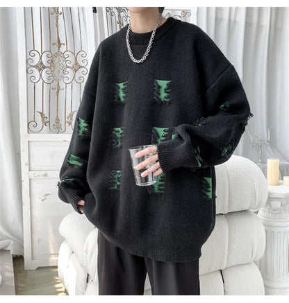 2025 New Ripped Design Crewneck Sweater For Men High Street Patchwork Knitted Jumpers Y2K Vintage Christmas Knitwear Pullovers Street King Limited