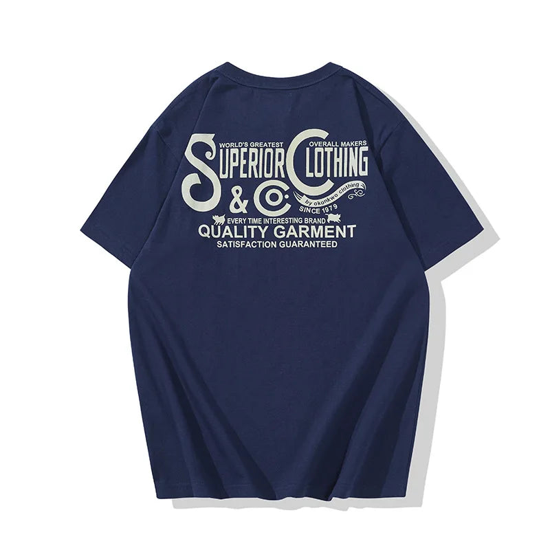 Vintage Amekaji Letter Printed T-shirt Men 2022 Spring Summer New Round Neck Short Sleeve Motorcycle T Shirt Cotton Tees Street King Limited