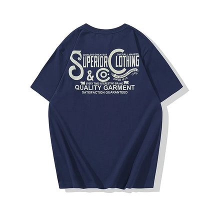 Vintage Amekaji Letter Printed T-shirt Men 2022 Spring Summer New Round Neck Short Sleeve Motorcycle T Shirt Cotton Tees Street King Limited