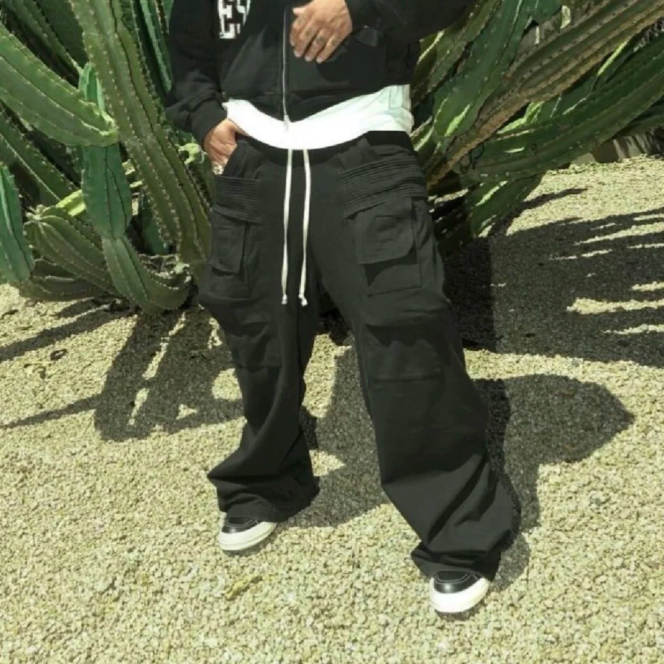 ro style double pockets drawstring wide leg cargo pants for men and women straight black baggy trousers oversized 1 utility cargo pants