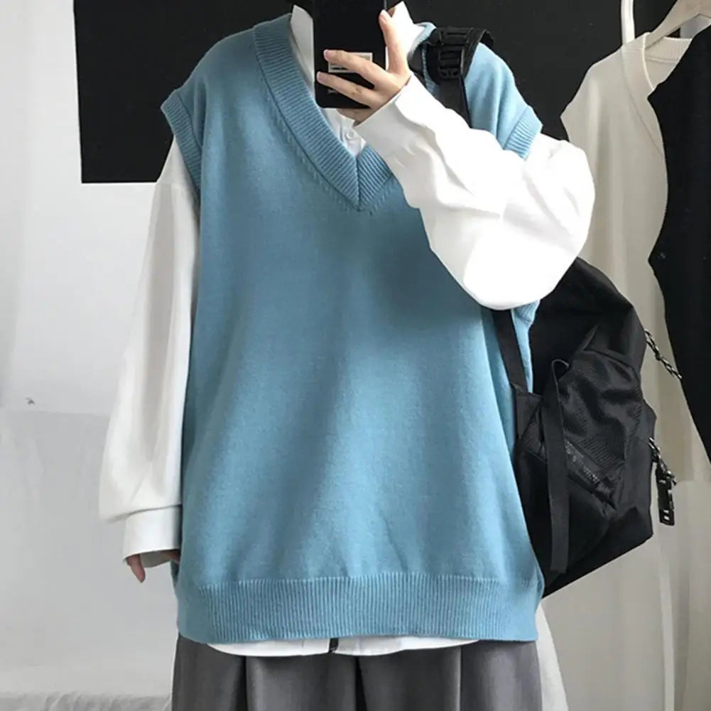 Men Sweater Vest V Neck Solid Color Sleeveless All Match Spring Sweater for School Male Pullovers Men's Clothing Streetwear Street King Limited
