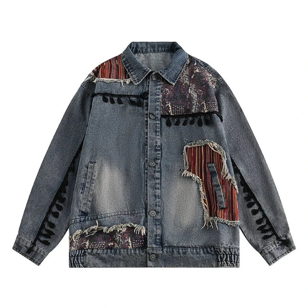 High Sense Men's Ethic Style Striped Patchwork Washed Denim Jackets Small Tassel Raw Edge Lapel Button Jeans Jacket All-match Street King Limited