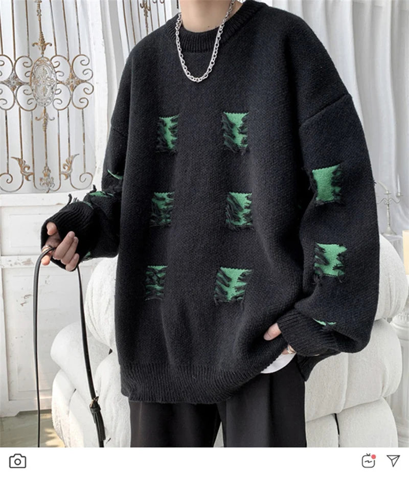 2025 New Ripped Design Crewneck Sweater For Men High Street Patchwork Knitted Jumpers Y2K Vintage Christmas Knitwear Pullovers Street King Limited