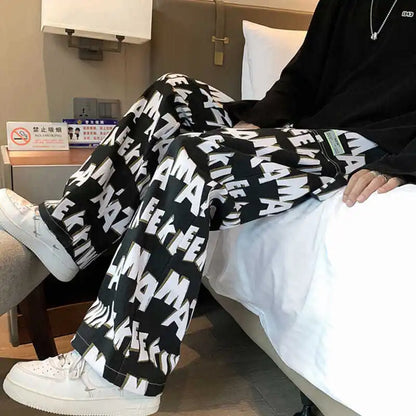 Letter wide-leg pants for men and women in autumn and winter plus velvet high-waisted loose long and short straight pants tops Street King Limited