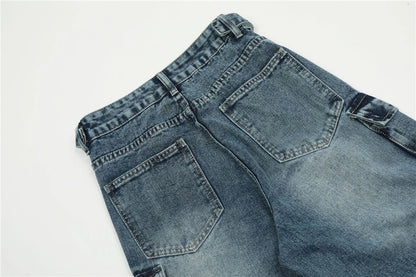 vintage multi pocket jeans mens harajuku cargo denim pants retro hip hop straight loose jean pants men clothing unique cargo style 588