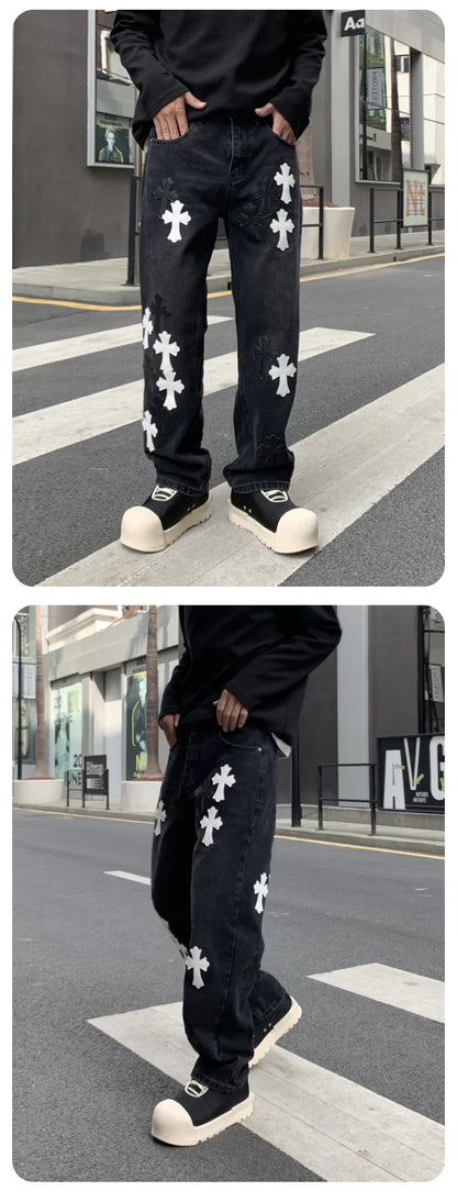 men embroidery streetwear brand fashion hip hop loose casual straight motorcycle denim jeans pant cityboy y2k jeans trousers unique jeans style 2376