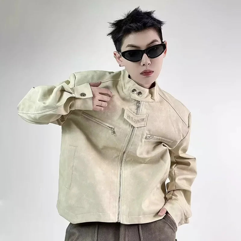 retro motorcycle pu leather jacket mens brown coffee short punk stand collar bomber coats spring high street racing suit new summer street shorts