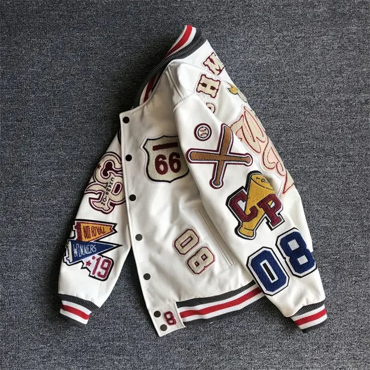 american retro high street embroidered jacket splicing print black eight baseball jacket 2024street wear baseball uniform jacket unique default style 5264