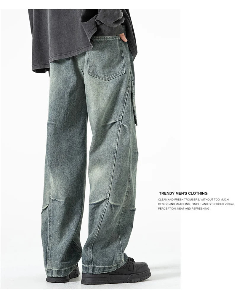 2025 new hip hop multi pockets straight jeans for men high street cargo denim pants spring y2k vintage distressed baggy jean unique cargo style 3356