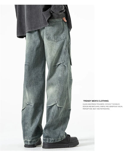 2025 new hip hop multi pockets straight jeans for men high street cargo denim pants spring y2k vintage distressed baggy jean unique cargo style 3356