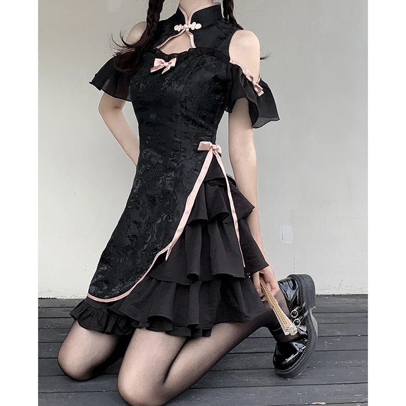 Vintage Chinese Style Cheongsam High Split Mini Dress 2024 Tie Dye Gothic Women Aesthetic Bandage Dresses Y2k Sexy Bodycon Robe Street King Limited