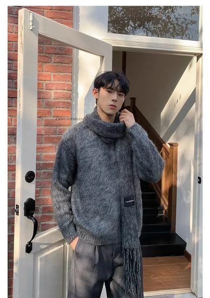 Autumn Warm Sweater Mens Korean Street Simplicity Round Neck Pullover+Solid Color Scarf Two-piece Set Casual Knitted Tops Trend Street King Limited