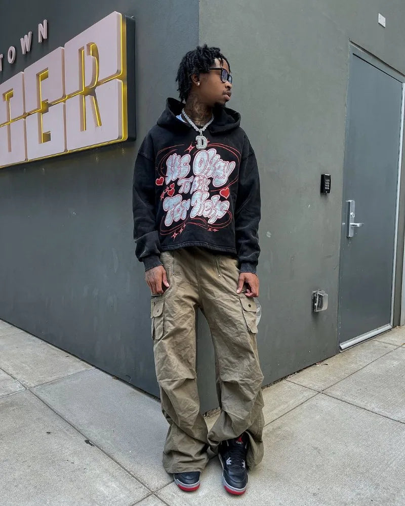 Gothic Punk Fashion Letter Print Pullover Men Y2k Harajuku Retro Hip-hop Rock Casual Loose Versatile Oversized Hoodie Women Street King Limited