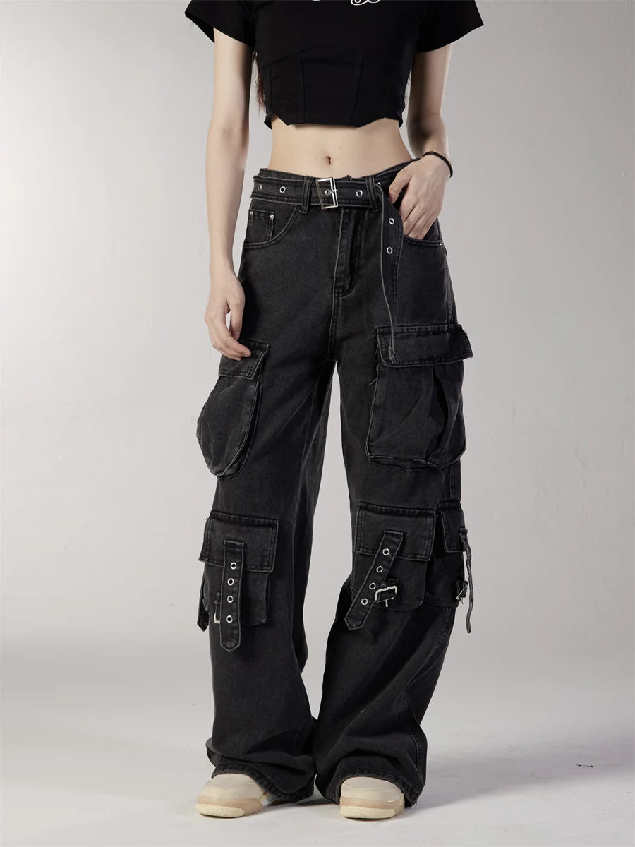 fashion loose streetwear cargo denim jeans unisex casual multi pocket straight jean pants with belt hip hop joggers baggy jeans unique joggers style 2701