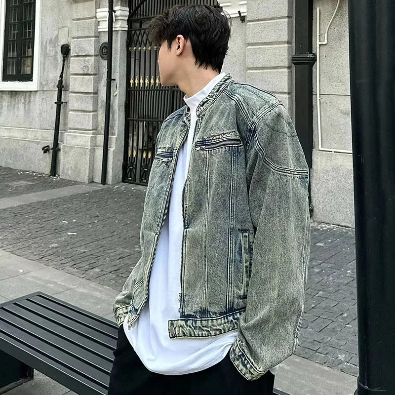 male denim jackets high street shoulder pad design patchwork solid men short coats american style loose short outwear zipper unique jeans style 3950