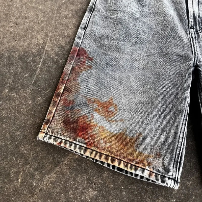 harajuku retro cartoon print oversized wide leg pants gothic washed distressed jeans men y2k fashion casual denim shorts women unique jeans style 3613