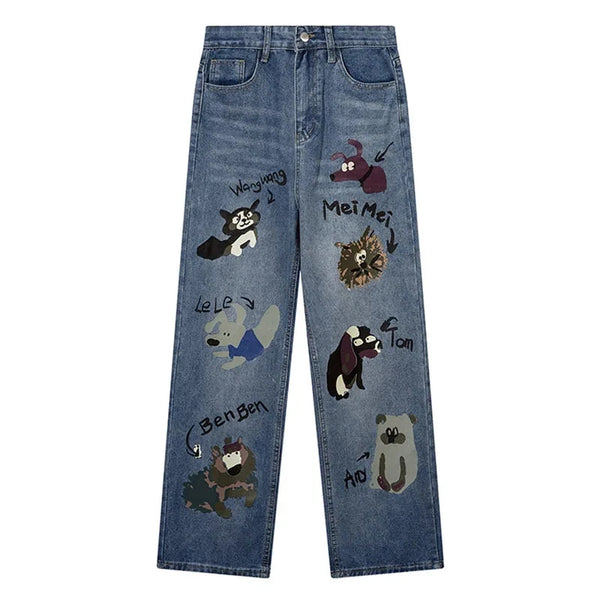 Men Y2K Blue Jeans Cartoon Print Straight Wide Leg Trousers American Vintage High Street Fashion Baggy Denim Pants Unisex Street King Limited