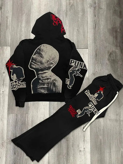 y2k vintage mummy graphic digital drawstring casual sports pants women street autumn winter set print hooded men sweatshirts menswear bottoms