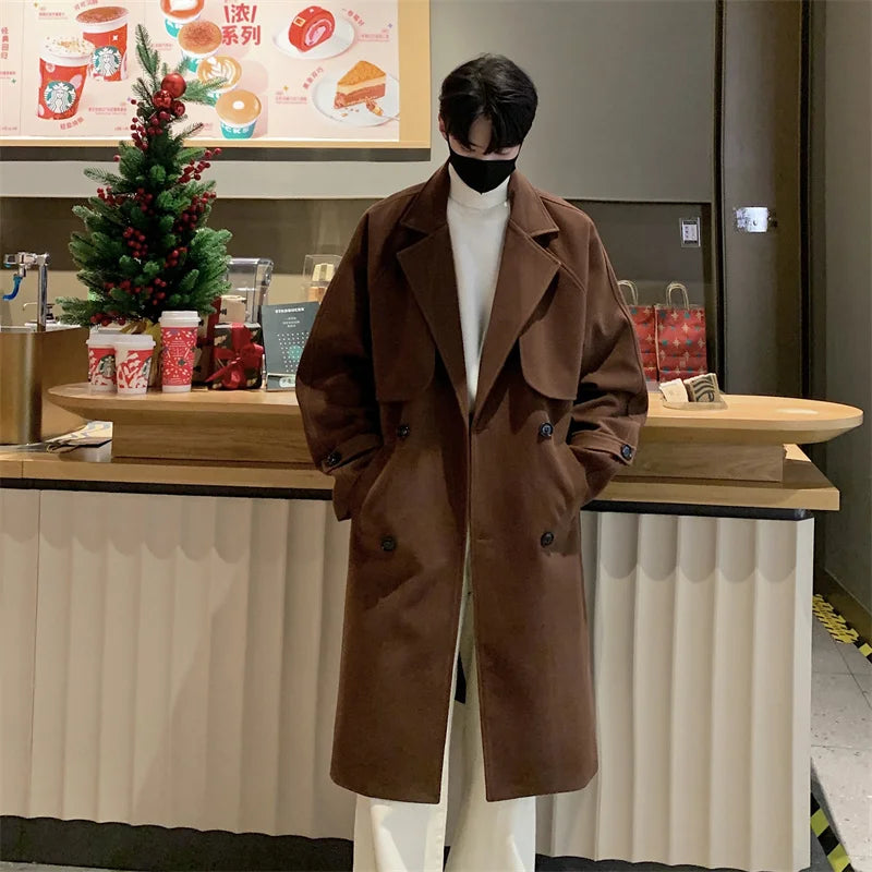 Men's Autumn Winter Mid Length Woolen Coat New Korean Tide Black Thickned Overcoat Long Sleeve Double-breasted Jackets Street King Limited