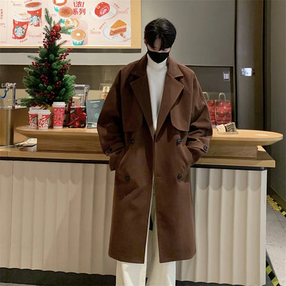 Men's Autumn Winter Mid Length Woolen Coat New Korean Tide Black Thickned Overcoat Long Sleeve Double-breasted Jackets Street King Limited