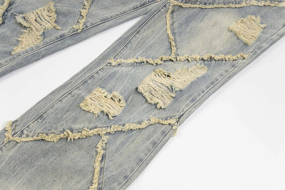 vintage ripped patchwork baggy jeans mens streetwear hip hop loose blue jeans trousers y2k distressed straight denim pants man unique jeans style 4227