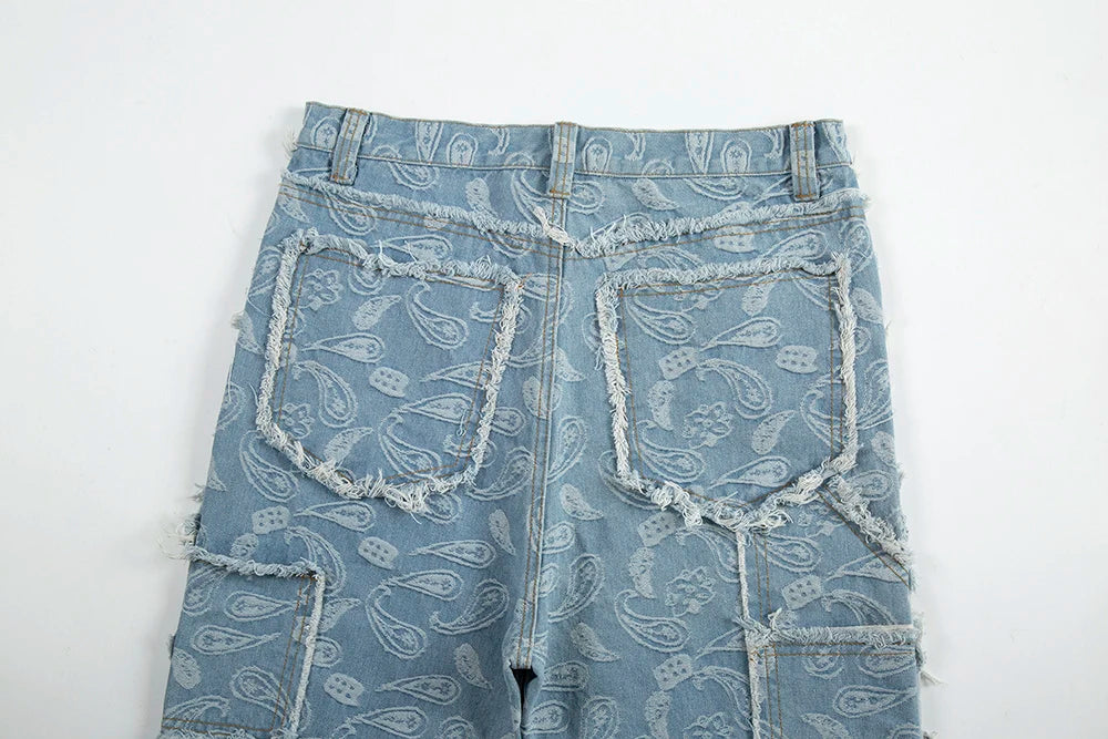 Y2k Frayed Urban Cashew Flower Full Print Patchwork Baggy Flare Jeans for Men Straight Pantalones Hombre Oversize Denim Trousers Street King Limited