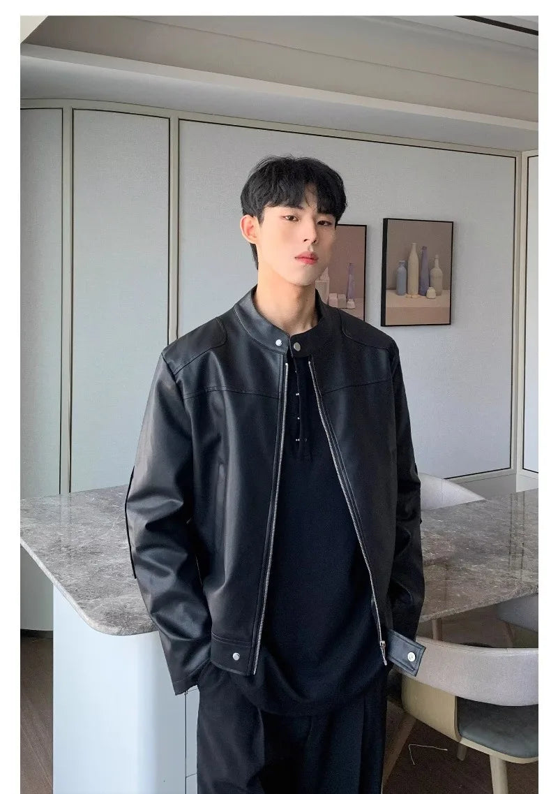 retro american street leather jacket mens autumn 2024 motorcycle standing collar trendy short coat zipper loose bomber outwear unique shorts style 2656