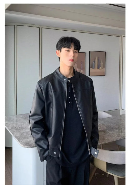 retro american street leather jacket mens autumn 2024 motorcycle standing collar trendy short coat zipper loose bomber outwear unique shorts style 2656