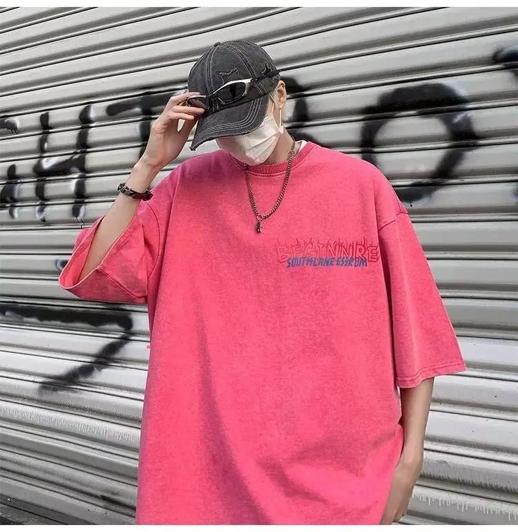 Short-sleeved T-shirt men's summer new style washed and distressed American retro handsome thin loose heavy cotton T-shirt tops Street King Limited