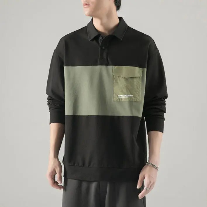 New polo shirt men's contrast color lapel spliced long sleeve t-shirt japanese large size loose sweatshirt bottoming shirt tops Street King Limited