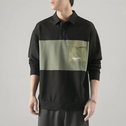 New polo shirt men's contrast color lapel spliced long sleeve t-shirt japanese large size loose sweatshirt bottoming shirt tops Street King Limited