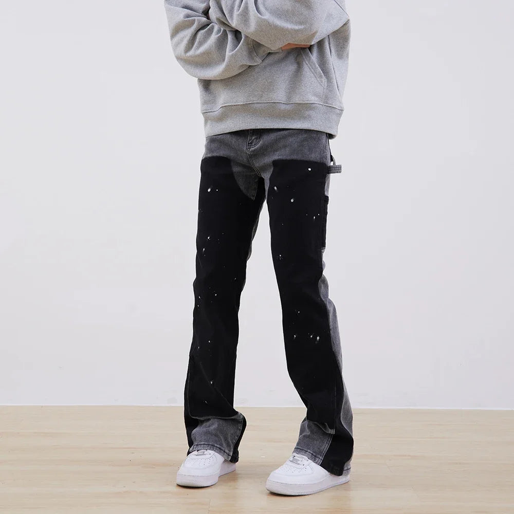 streetwear cleanfit double knee graffiti baggy pants jeans y2k vintage flare denim pants men patchwork patches for women clothes unique jeans style 87
