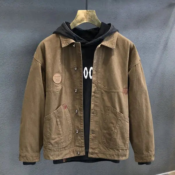 american retro workwear jacket for boys loose spring and autumn high street japanese style khaki casual trendy denim jacket tops unique jeans style 4876