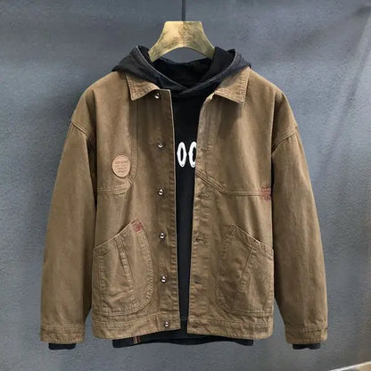 american retro workwear jacket for boys loose spring and autumn high street japanese style khaki casual trendy denim jacket tops unique jeans style 4876