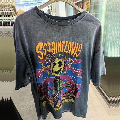 2024ss Saint Louis T-shirts Men Woman Good Quality Cotton Loose Wash White Nightmare Debris Printing Top Tees Street King Limited