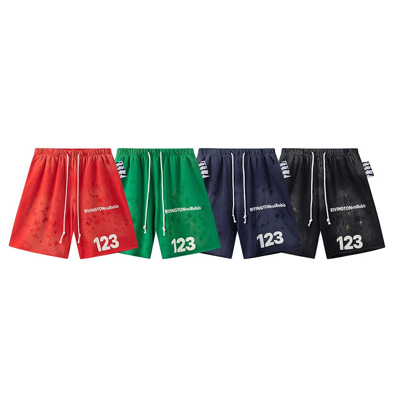RRR123 2024 New Sports Shorts Heavyweight Washed Graffiti Print Vintage Drawstring Capris Casual High Street Loose Curled Y2K Street King Limited