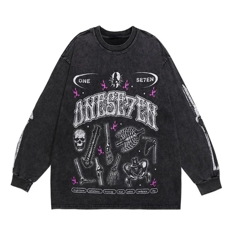 Fashion Distressed Washed T-shirt Harajuku Skull Skeleton Printed Unisex Hip Hop Tees Y2K Loose Mens Casual Cotton Tops T-shirts Street King Limited