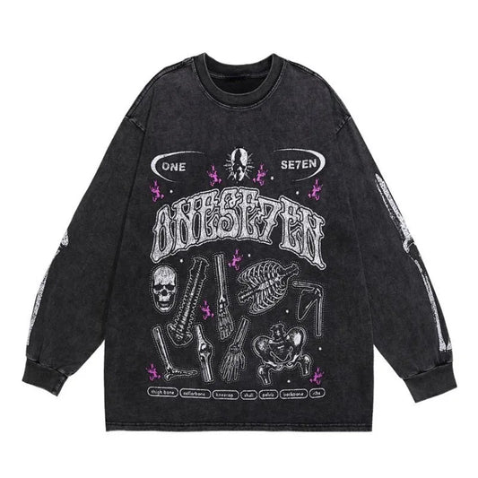Fashion Distressed Washed T-shirt Harajuku Skull Skeleton Printed Unisex Hip Hop Tees Y2K Loose Mens Casual Cotton Tops T-shirts Street King Limited