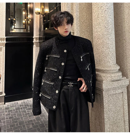 multi zipper sequin woolen jacket men french retro fashionable casual christmas jacket spring autumn coat stage show clothing unique default style 1447